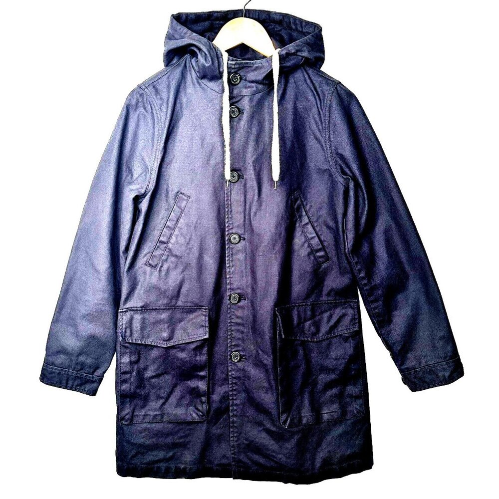 J Crew Womens Coat 09619 Hooded Canvas Basket Weave Royal Blue Small